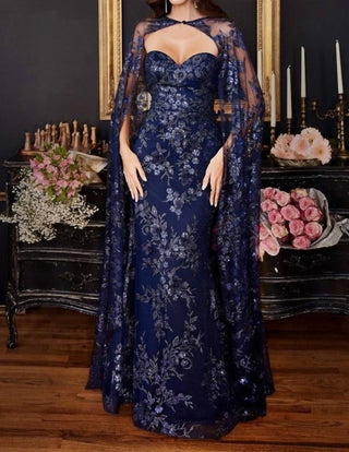 Ladivine - Strapless Fitted Gown With Lace Cape