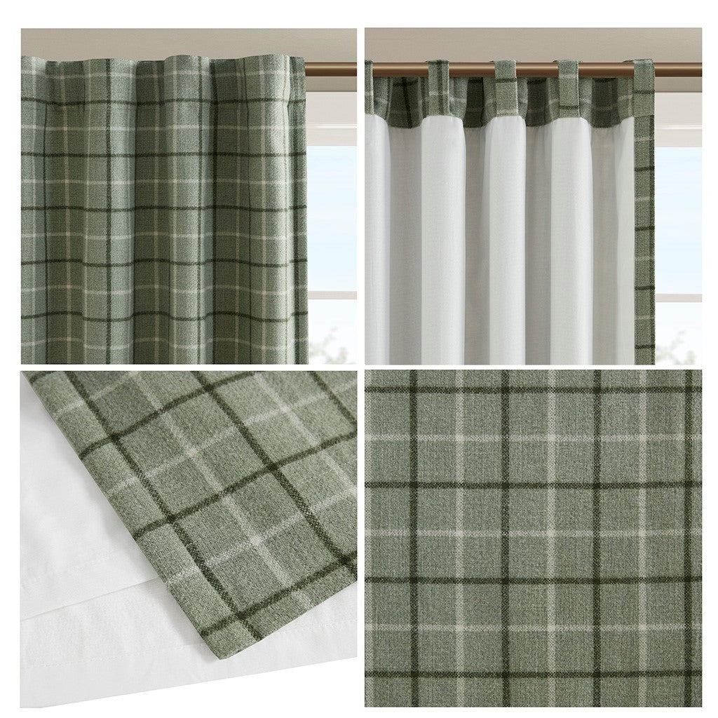 Plaid Rod Pocket and Back Tab Curtain Panel with Fleece Lining Green 50x84