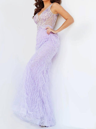 Jovani - Vestido de penas com corpete transparente e embelezado