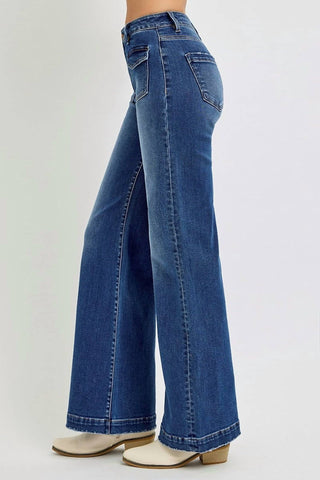 Risen - Calça jeans de cintura alta com perna larga e bolso frontal