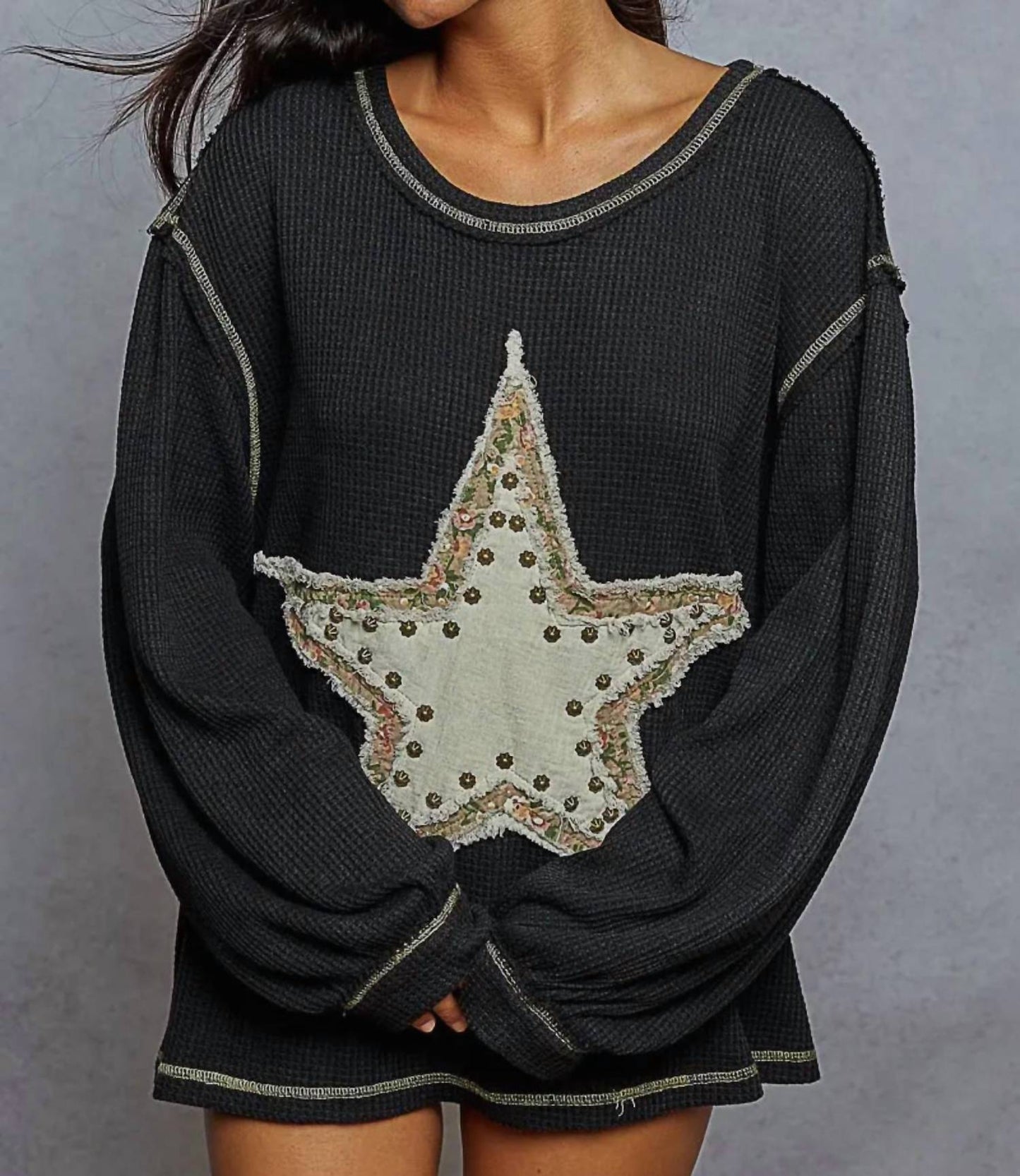 Pol - Long Sleeve Thermal Knit Star Patch Top