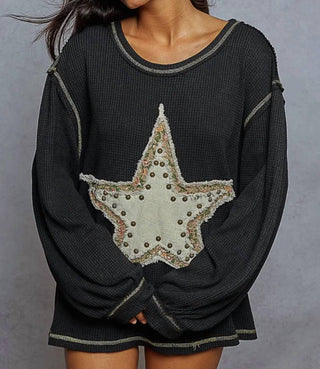 Pol - Long Sleeve Thermal Knit Star Patch Top