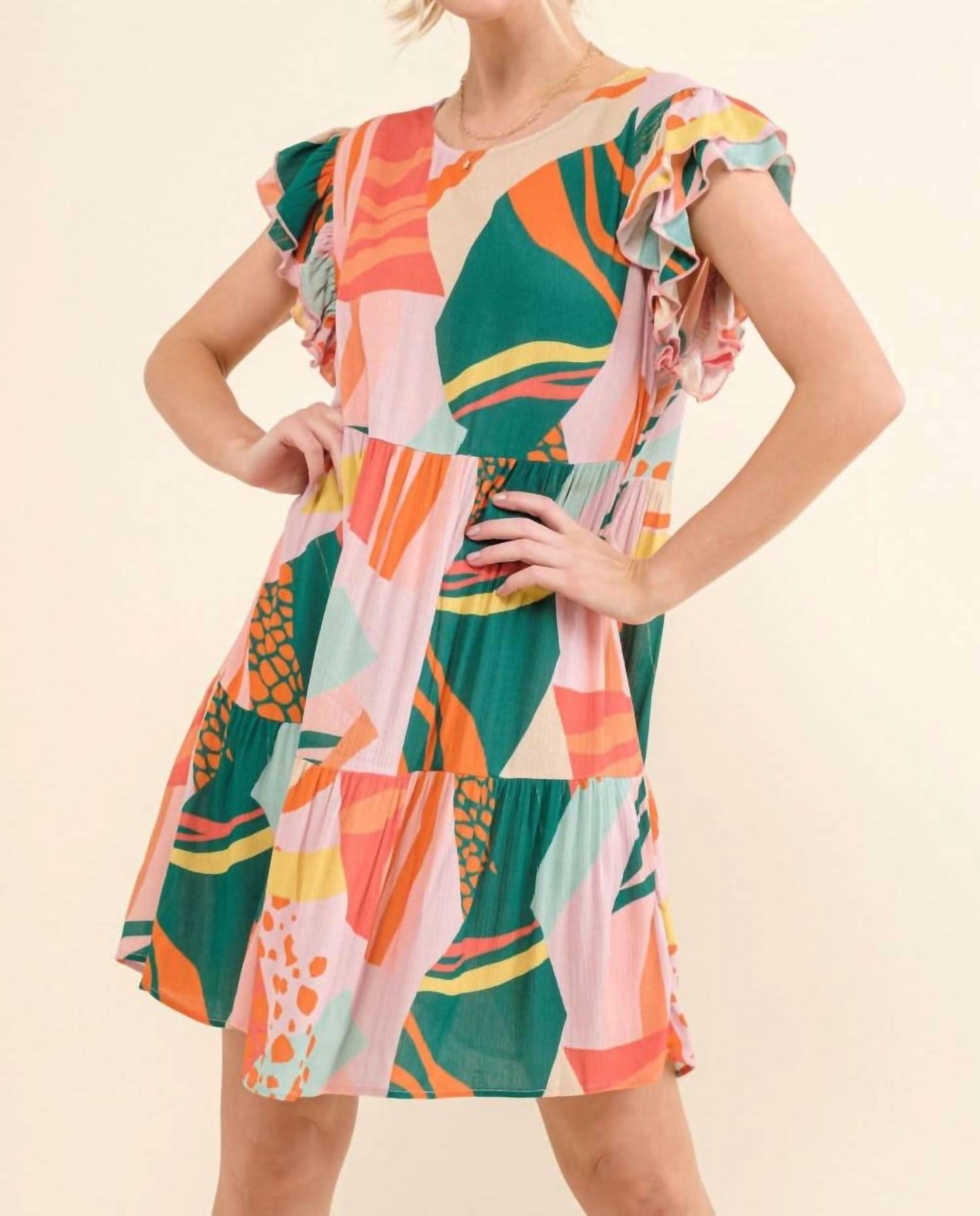 And The Why - Printed Double Ruffle Sleeve Dress