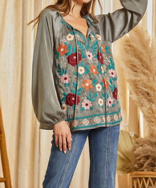 Andree By Unit - Velvety Embroidered Satin Blouse