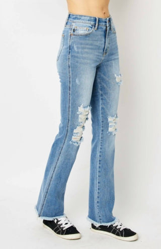 Judy Blue - Calça jeans feminina de cintura alta com bainha desfiada e corte bootcut