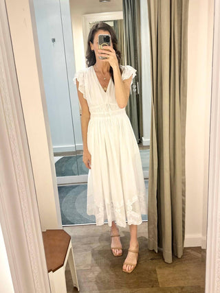 Current Air - Vestido midi branco com decote em V e babados