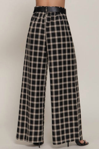 Active Basic - Belted Plaid Wide Long Pants