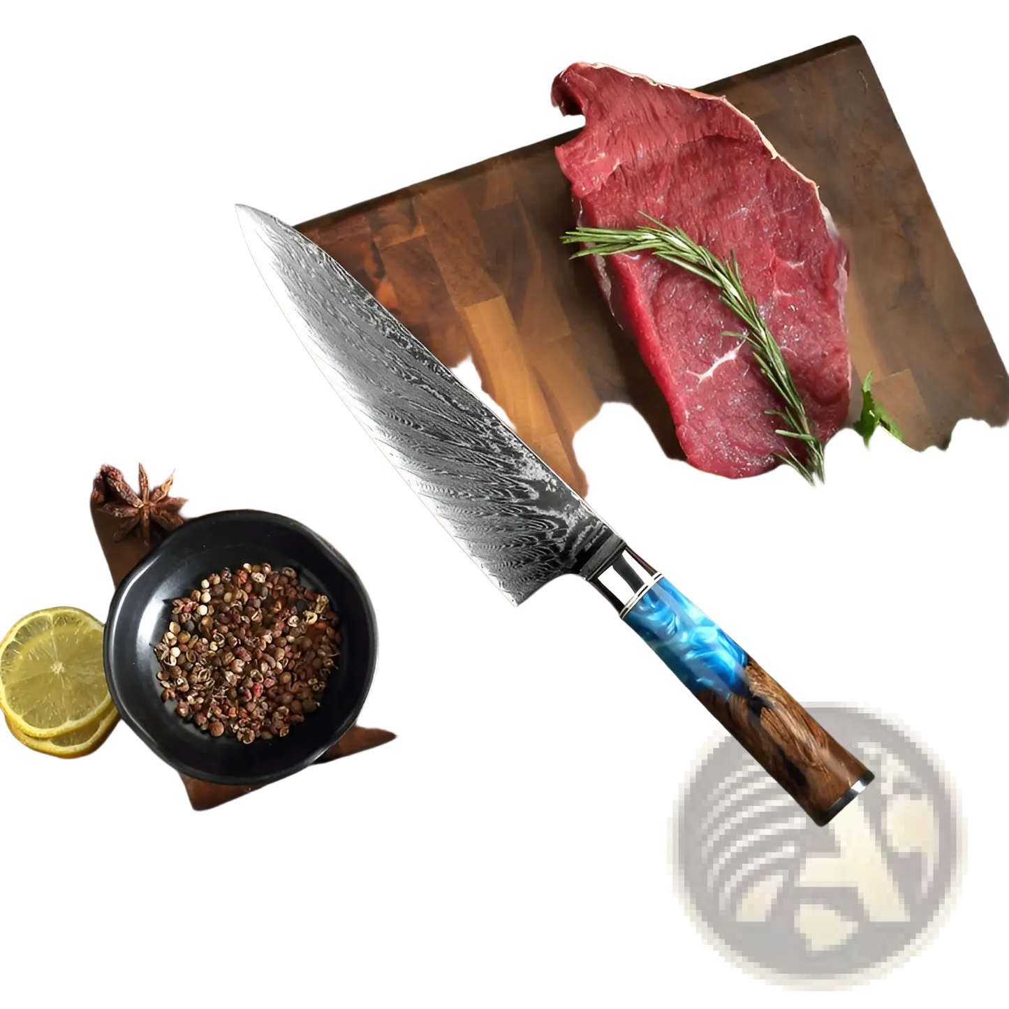 Damascus Steel Chef Knife with Blue Resin Wood Handle