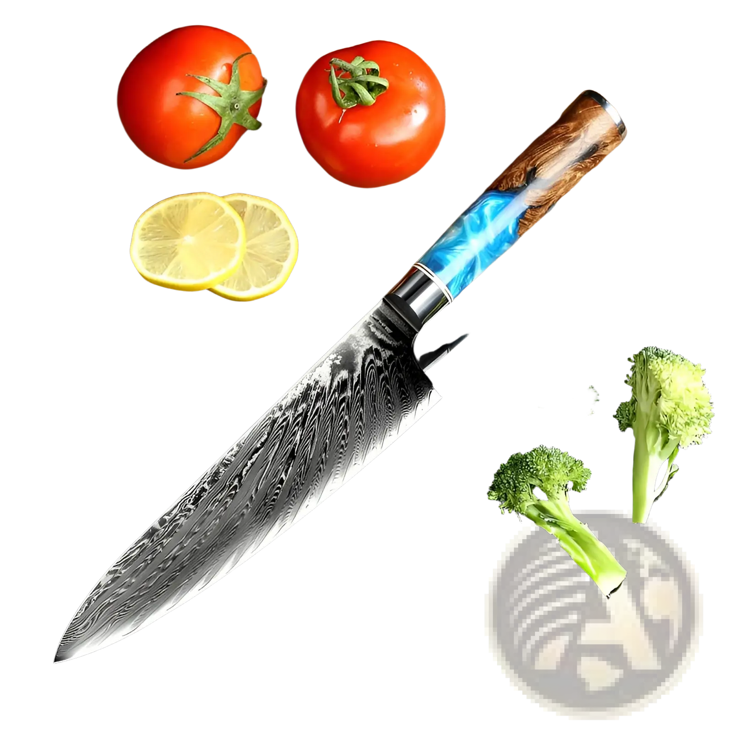 Damascus Steel Chef Knife with Blue Resin Wood Handle