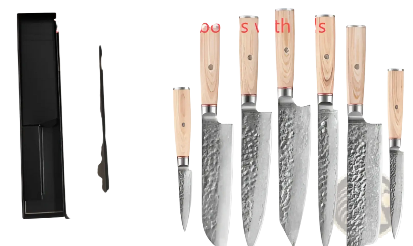 Damascus Steel Chef Knife Set 7 Piece Hammered Wood Handle