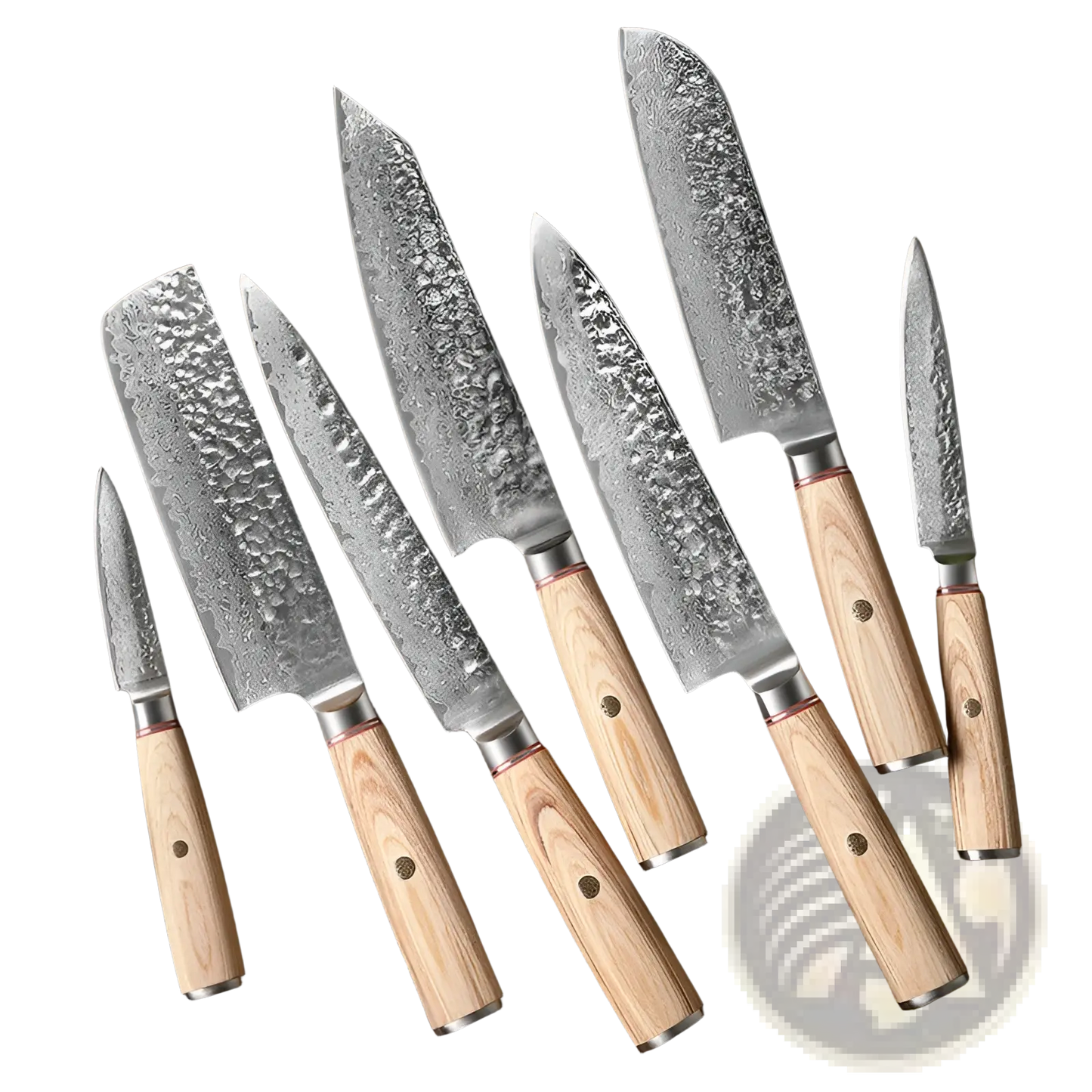 Damascus Steel Chef Knife Set 7 Piece Hammered Wood Handle