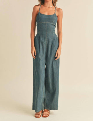 Miou Muse - Lace-up Washed Denim Jumpsuit