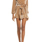 Fraiche by J Velvet Ruffle Long Sleeve Tie Waist Romper in Tan, Size Small