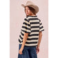 Bibi - Stripe Balloon Sleeve Ruffled V-neck Top