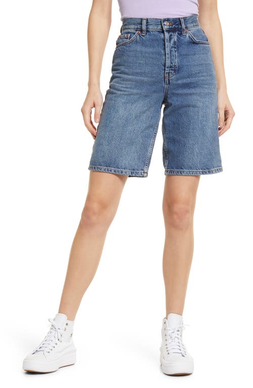 Topshop Editor Long Denim Shorts in Mid Blue, Size 6 Us
