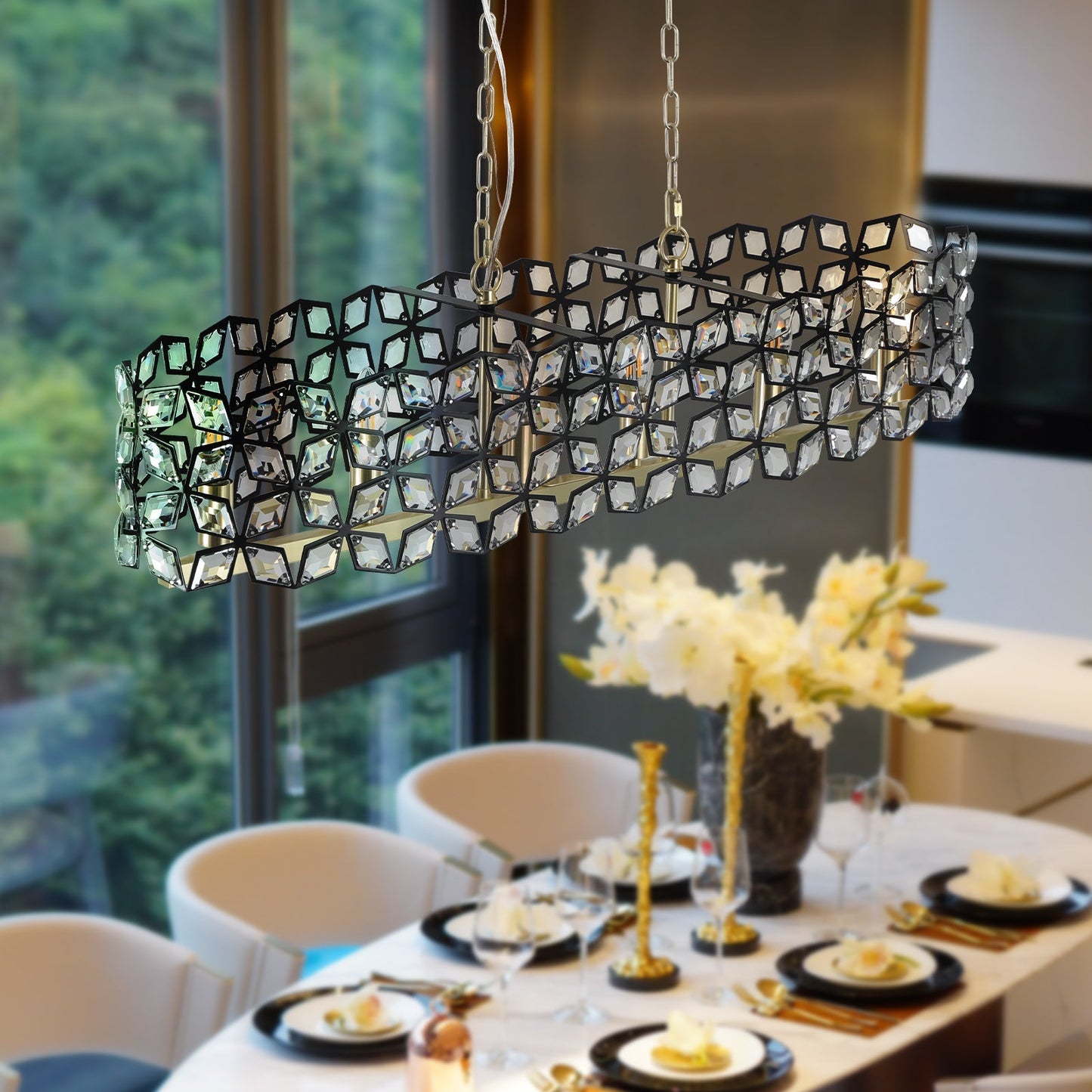 39" Contemporary Crystal and Black-Gold Pendant Chandelier