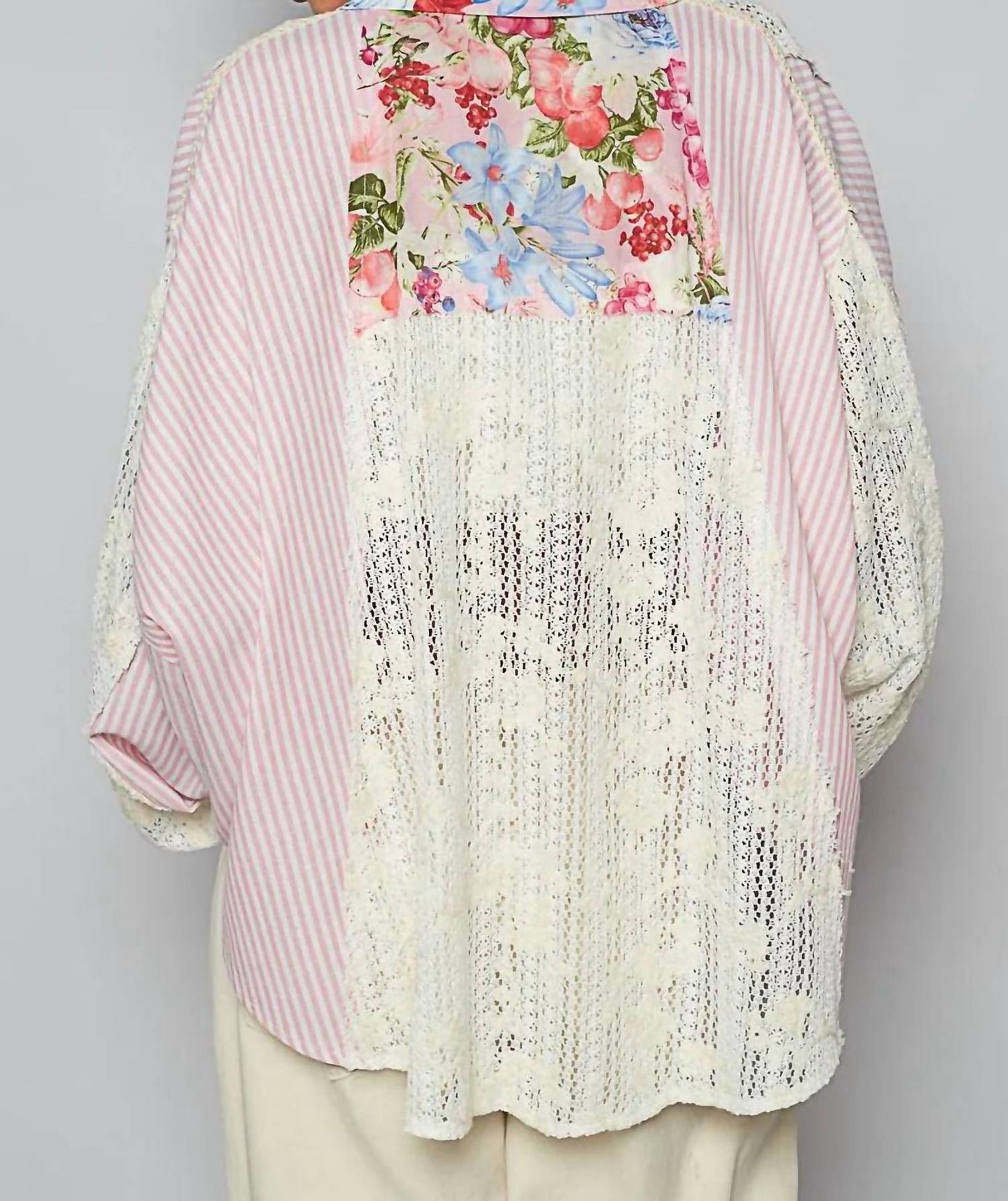 Pol - Lace Long Sleeve With Floral And Striped Pattern Top