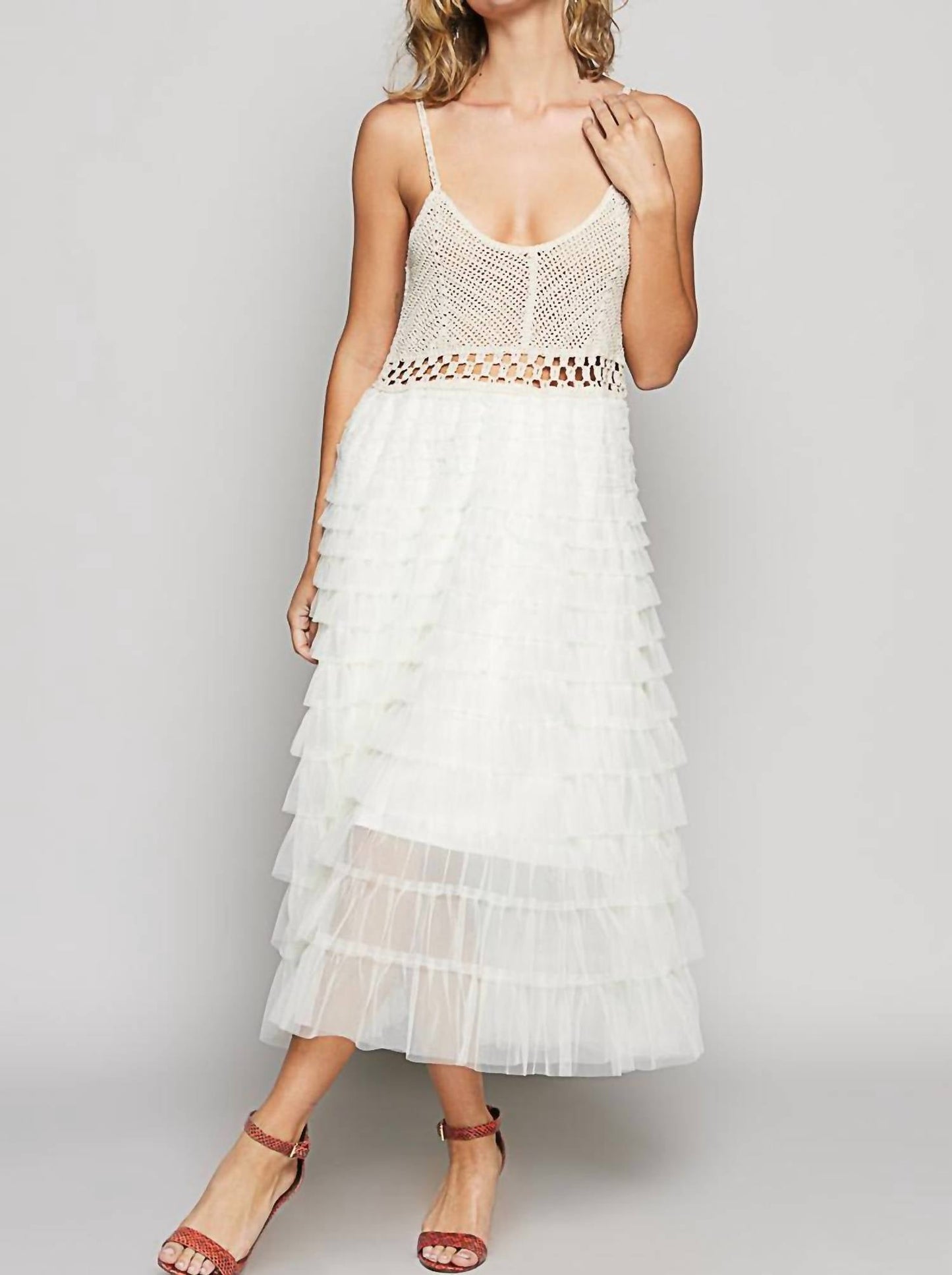 Pol - Sleeveless Crochet With Lace Ruffle Dress