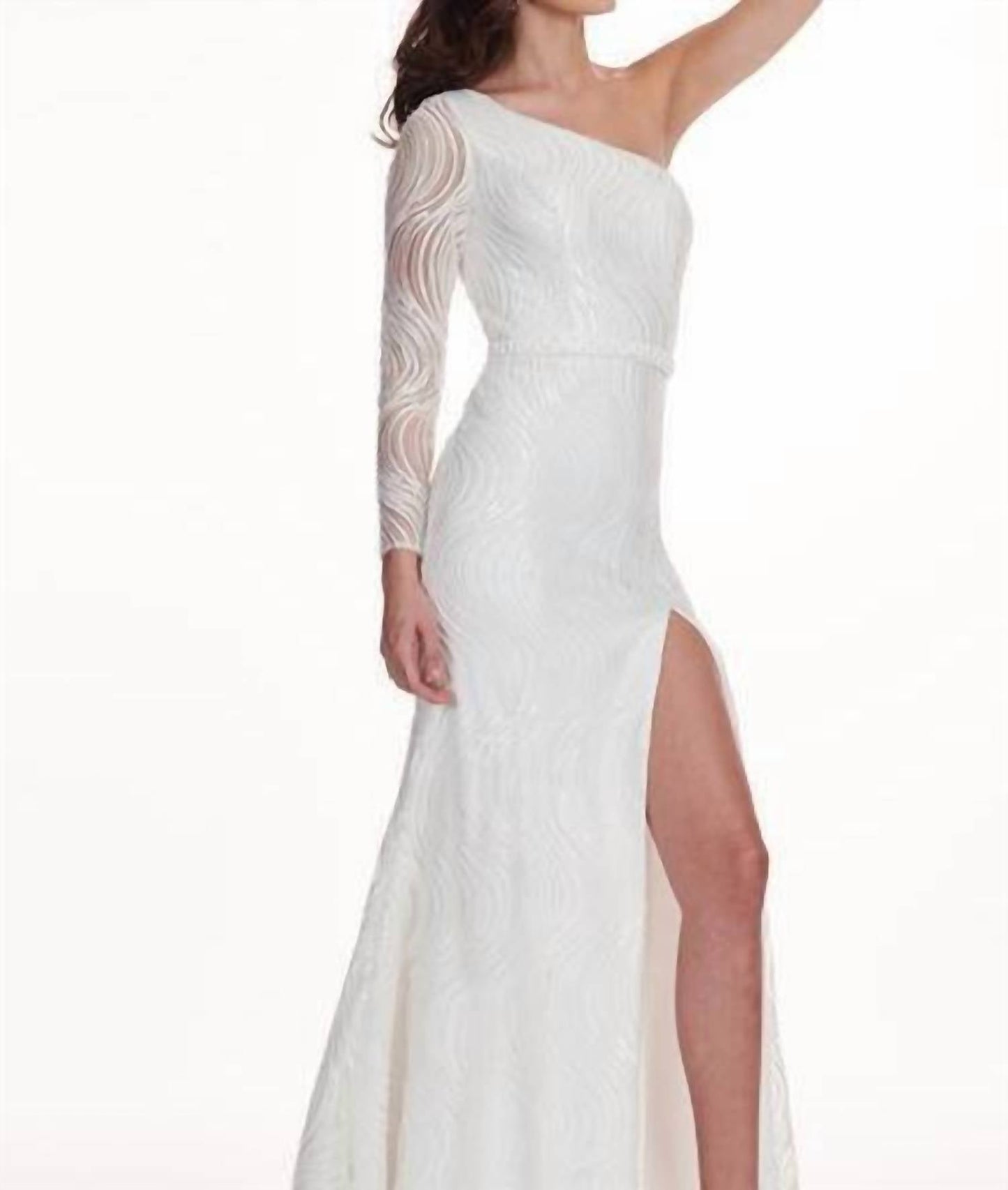 Rachel Allan - Asymmetrical Neck One Shoulder Long Sleeved Slit Evening Gown