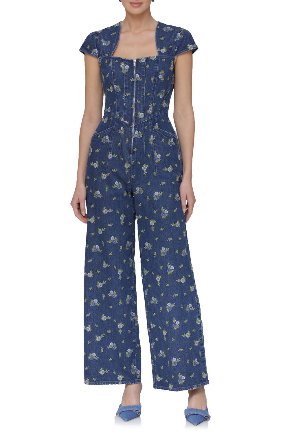 Avec Les Filles - Floral Cap Sleeve Corset Wide Leg Denim Jumpsuit