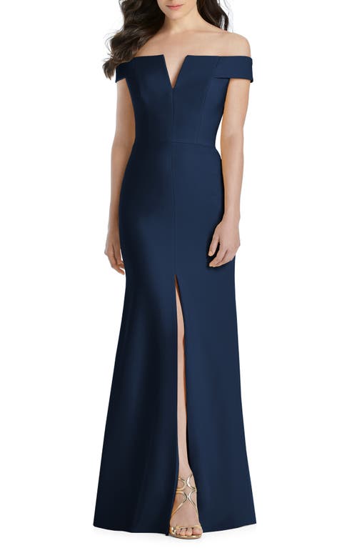 Dessy Collection Notched Off the Shoulder Crepe Gown in Midnight, Size 6