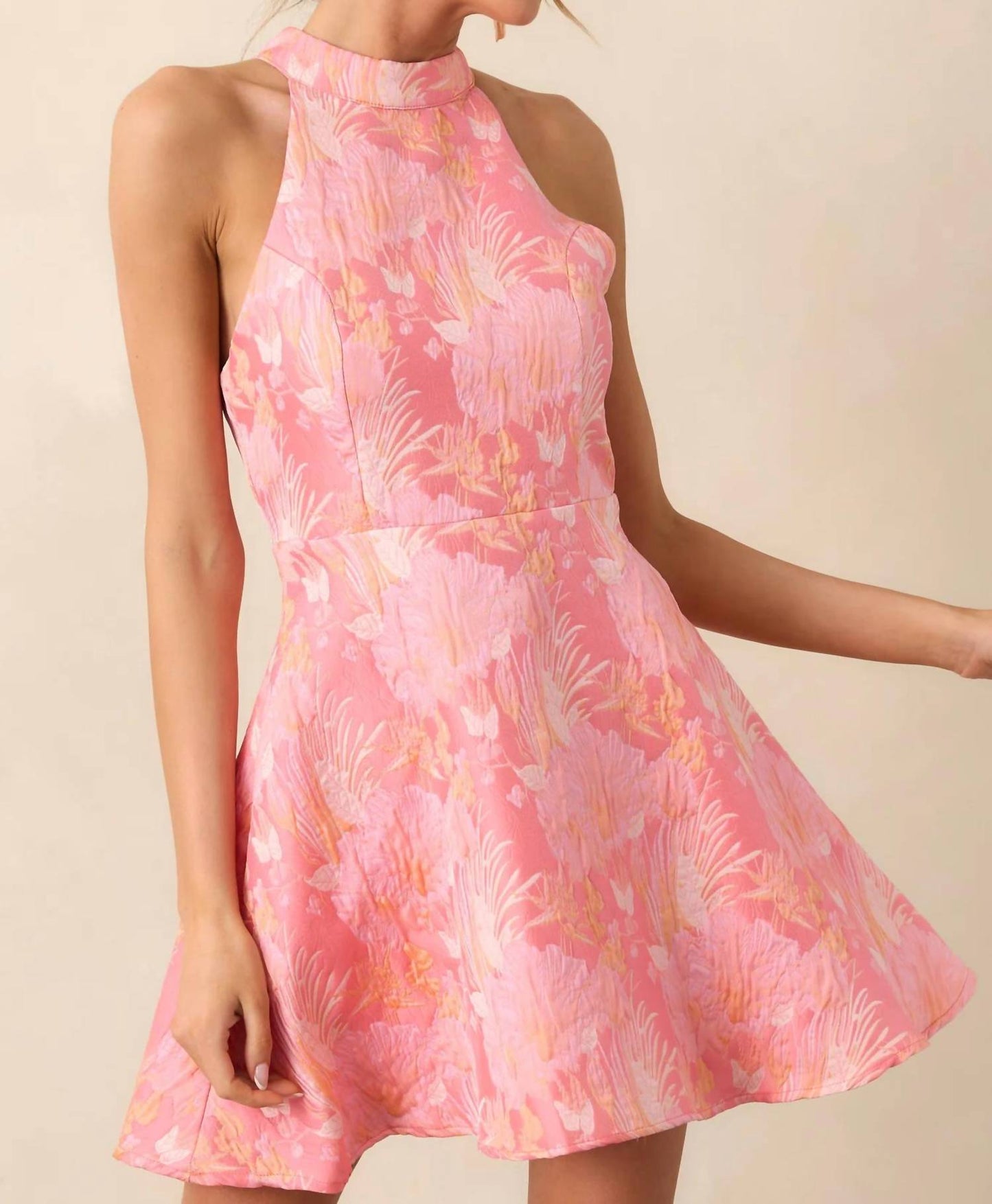 B.Right - Vibrant Floral Jacquard Halter Neck Dress With Ribbon Back