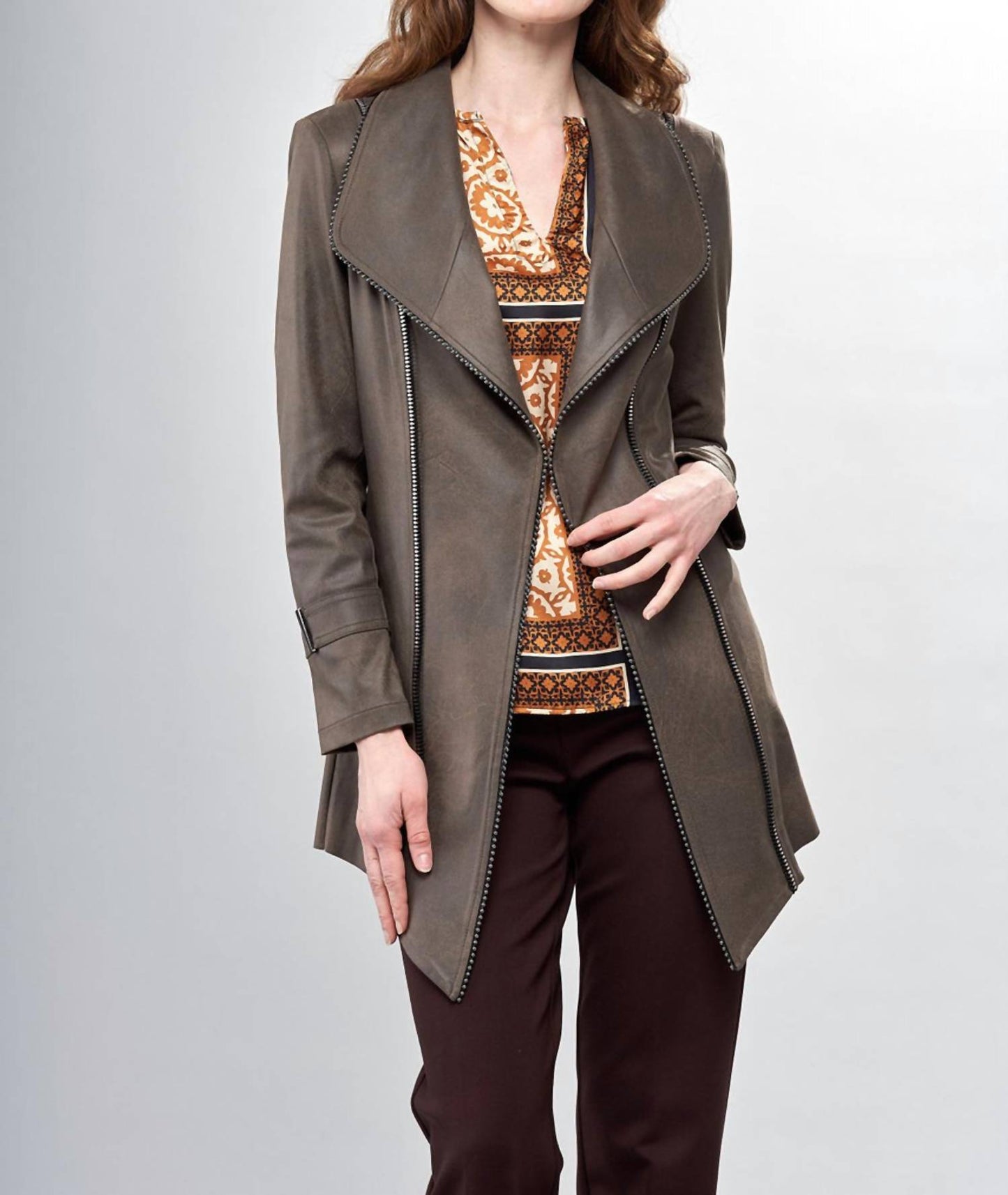 Insight - Vegan Leather Long Jacket with Hook & Eye Closure