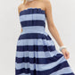 Entro - Stripe Print Strapless Pleated Midi Dress