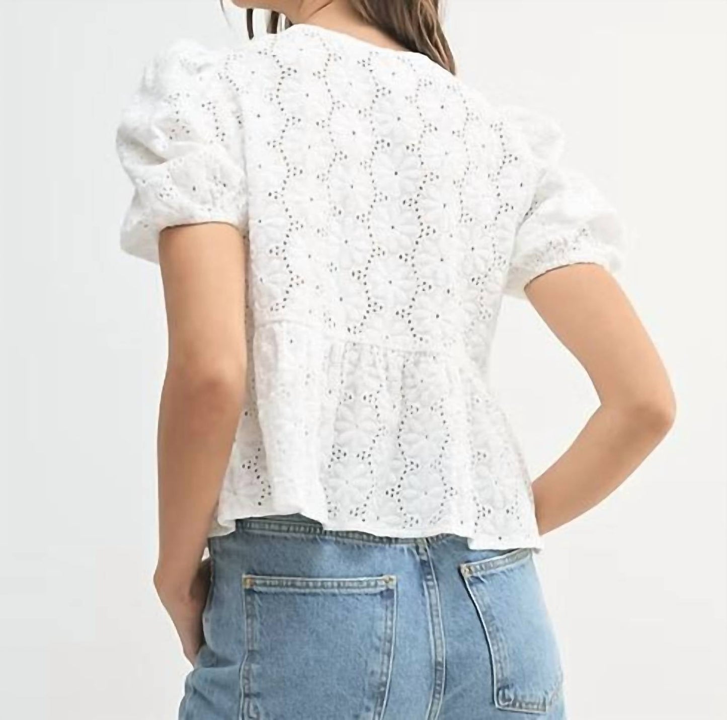 Mable - Eyelet Puff Sleeve Front Tie Peplum Top