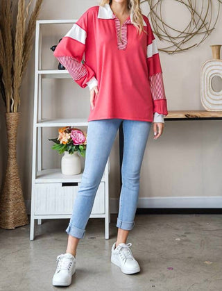 7Th Ray - Color Block Collar Oversized Long Sleeve Top