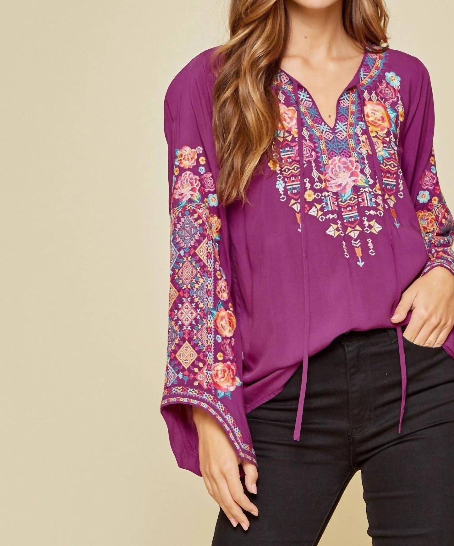 Andree By Unit - Tie Front Embroidered Blouse