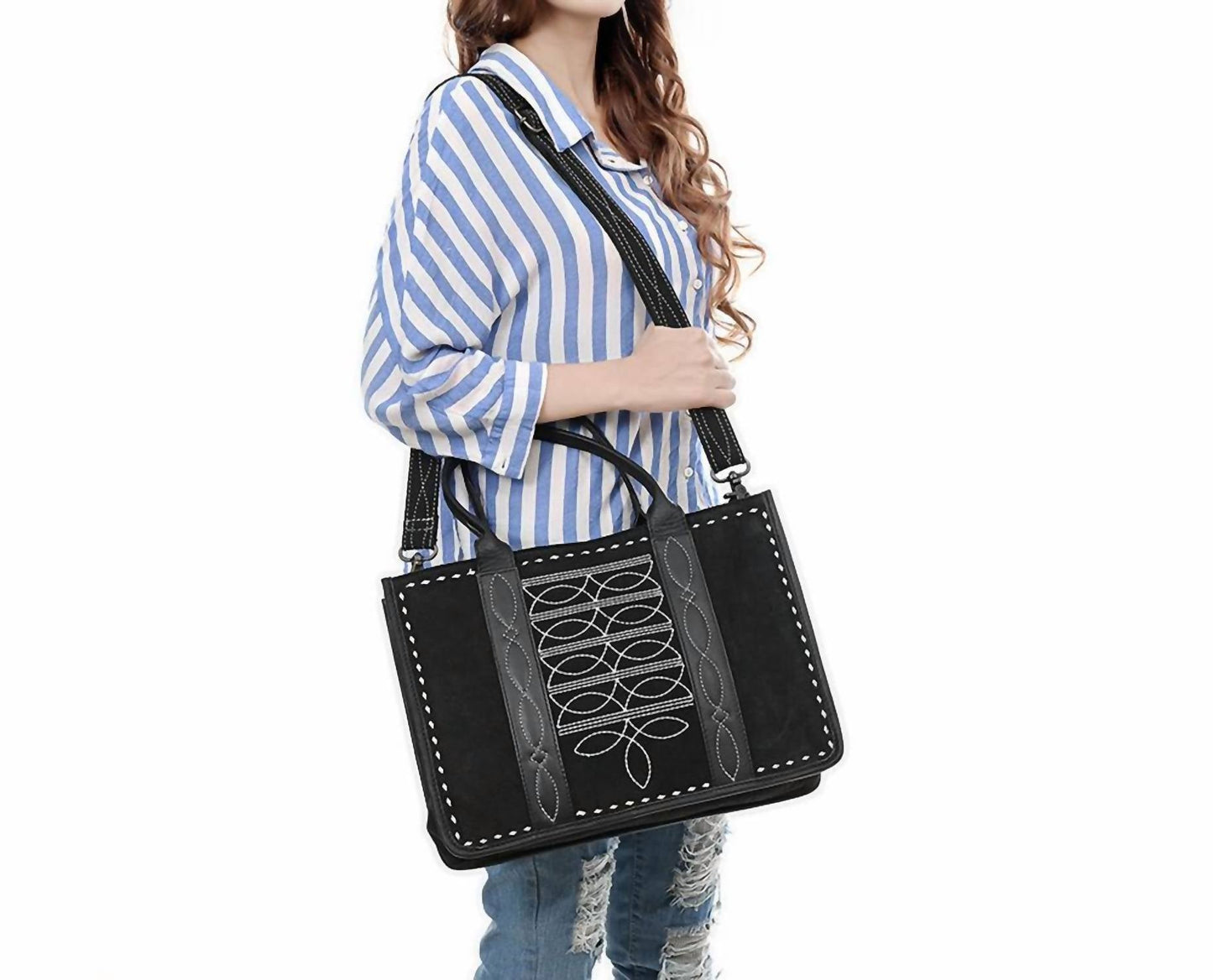 American Darling - Women's Black Suede Tote Bag With White Hand-stitching