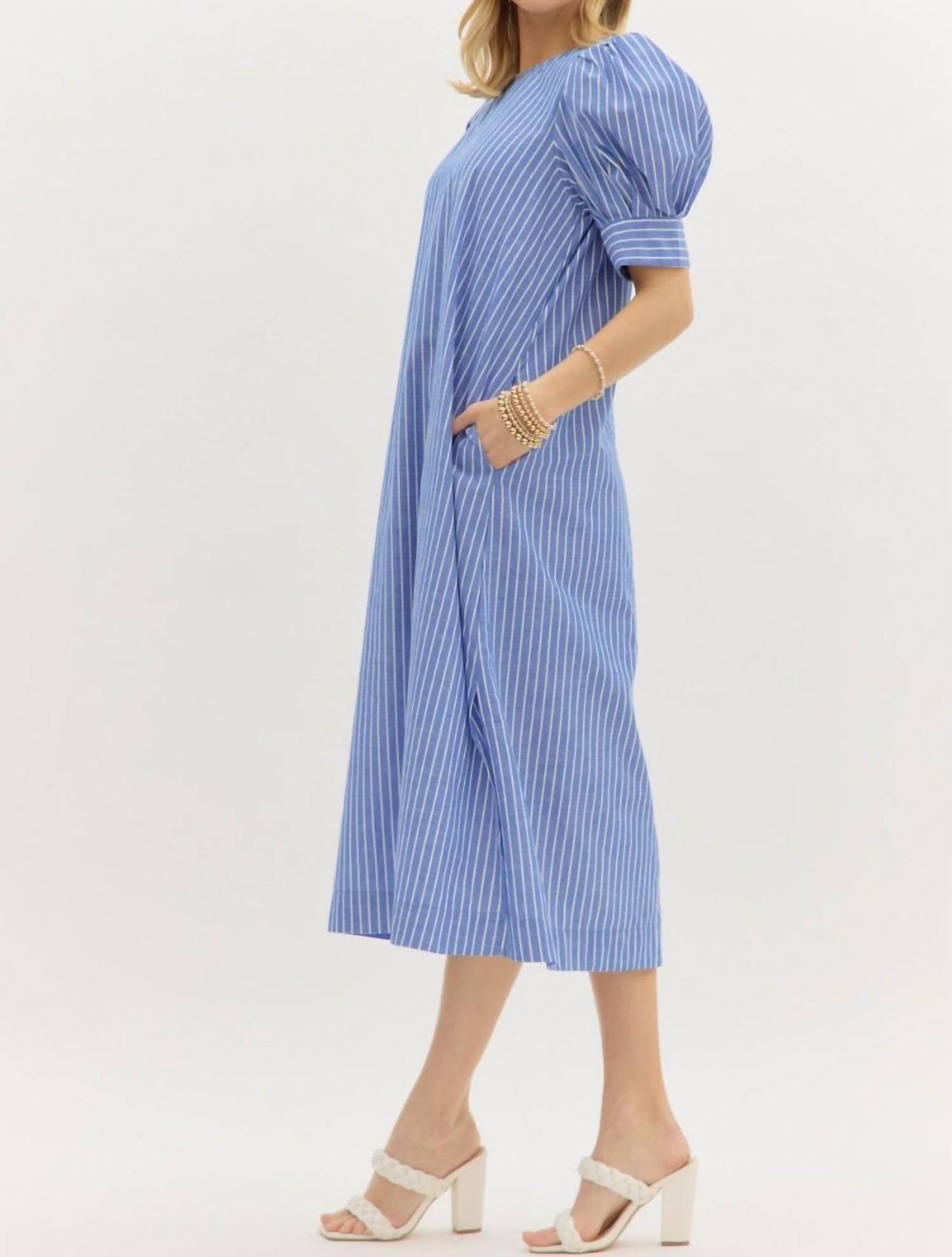 Entro - Pleated Cuff Band Striped Mini Dress