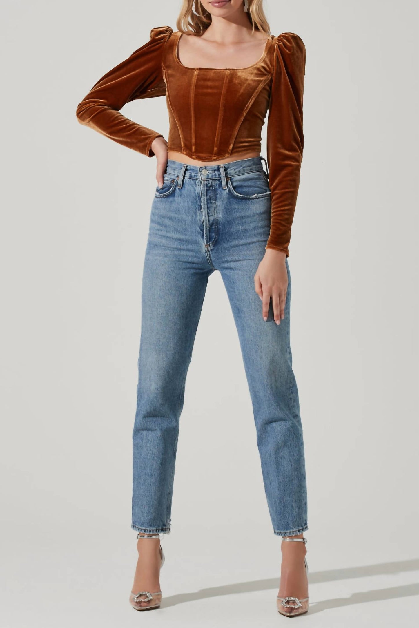 Astr - Velvet Long-sleeve Corset Top With Smocked Back