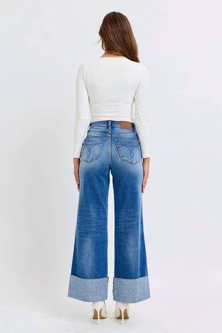 Judy Blue - Calça jeans retrô de perna larga com punho