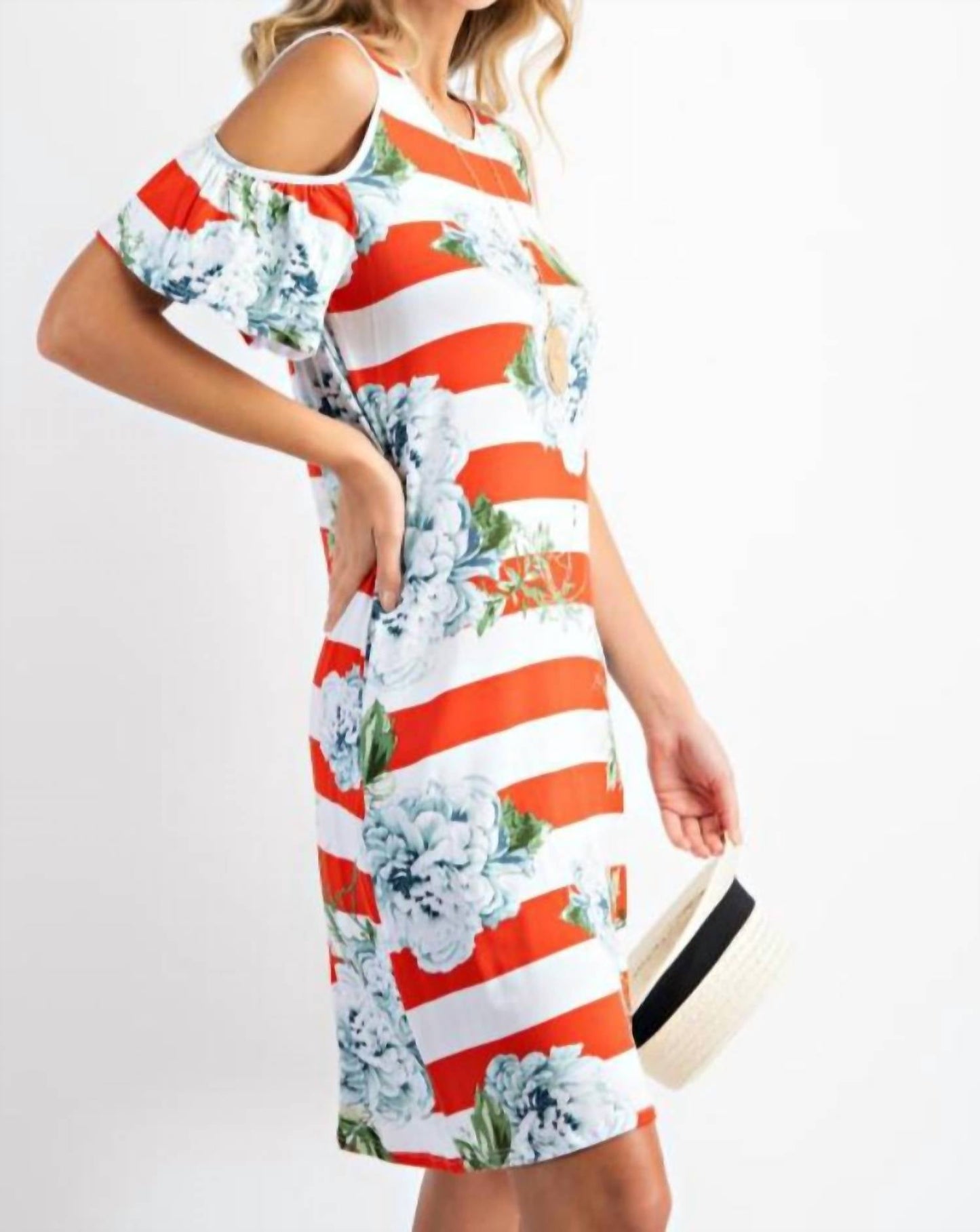 143 Story - Bold Stripe Floral Cold Shoulder Dress