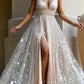 Star Embellished Deep v Slit Evening Gown
