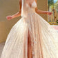 Star Embellished Deep v Slit Evening Gown