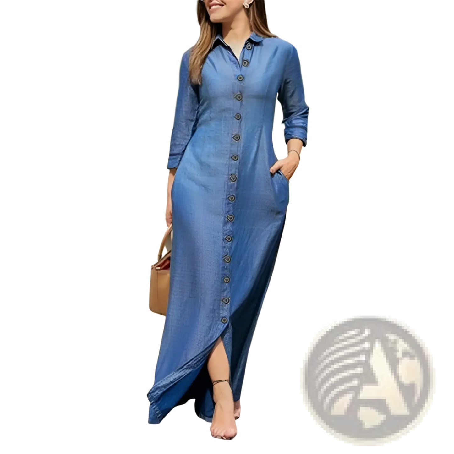 Denim Button Front Long Sleeve Maxi Dress