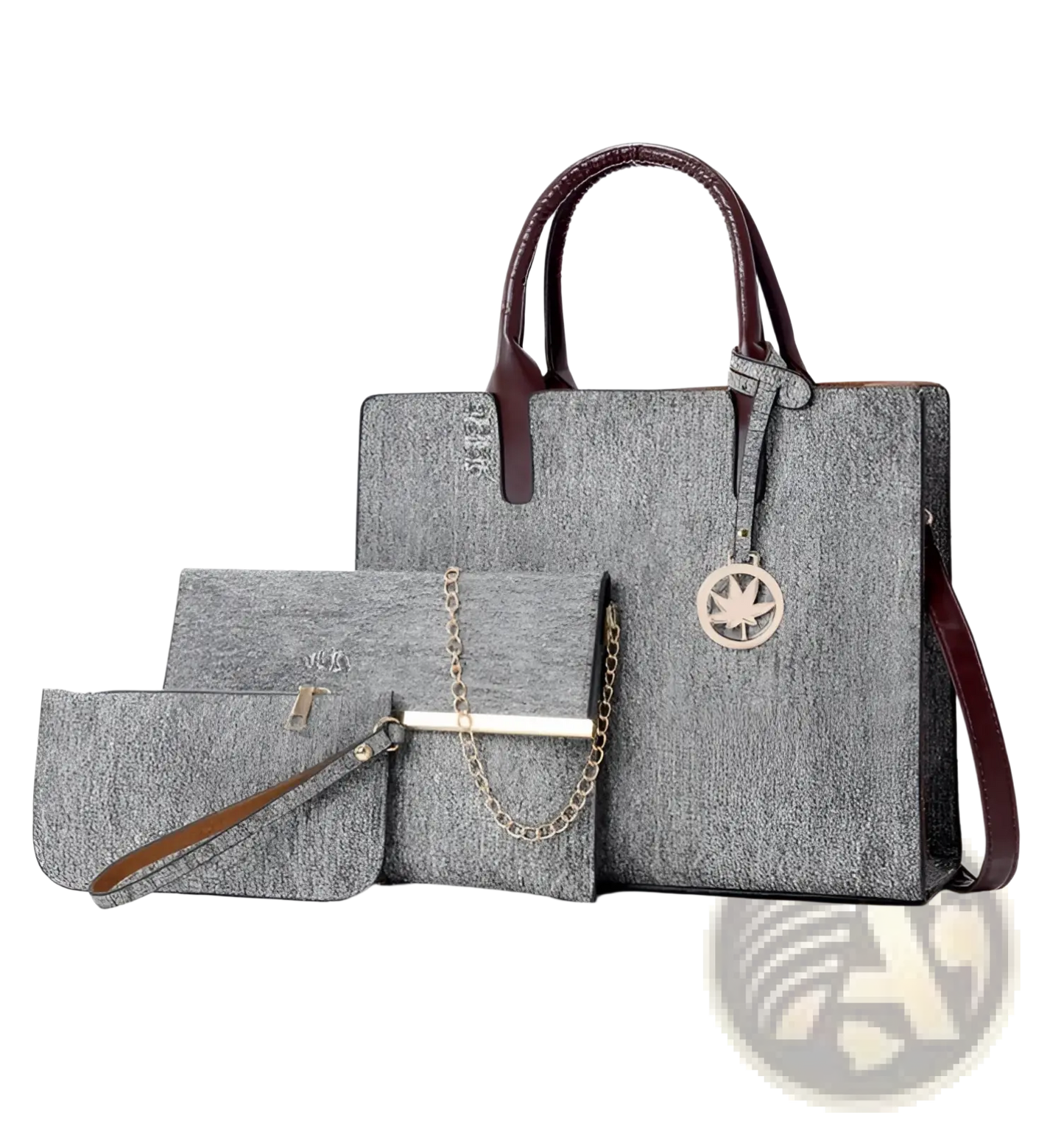 Denim and Leather Three Piece Multi Compartment Handbag Set
