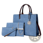 Denim and Leather Three Piece Multi Compartment Handbag Set