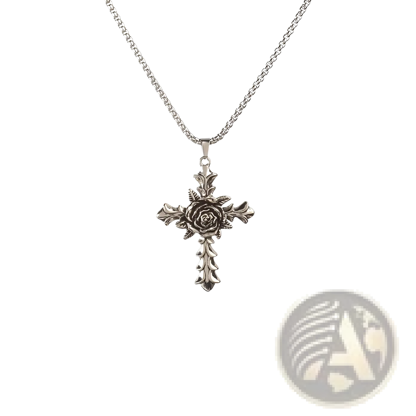 Detailed Silver Rose Cross Pendant Necklace