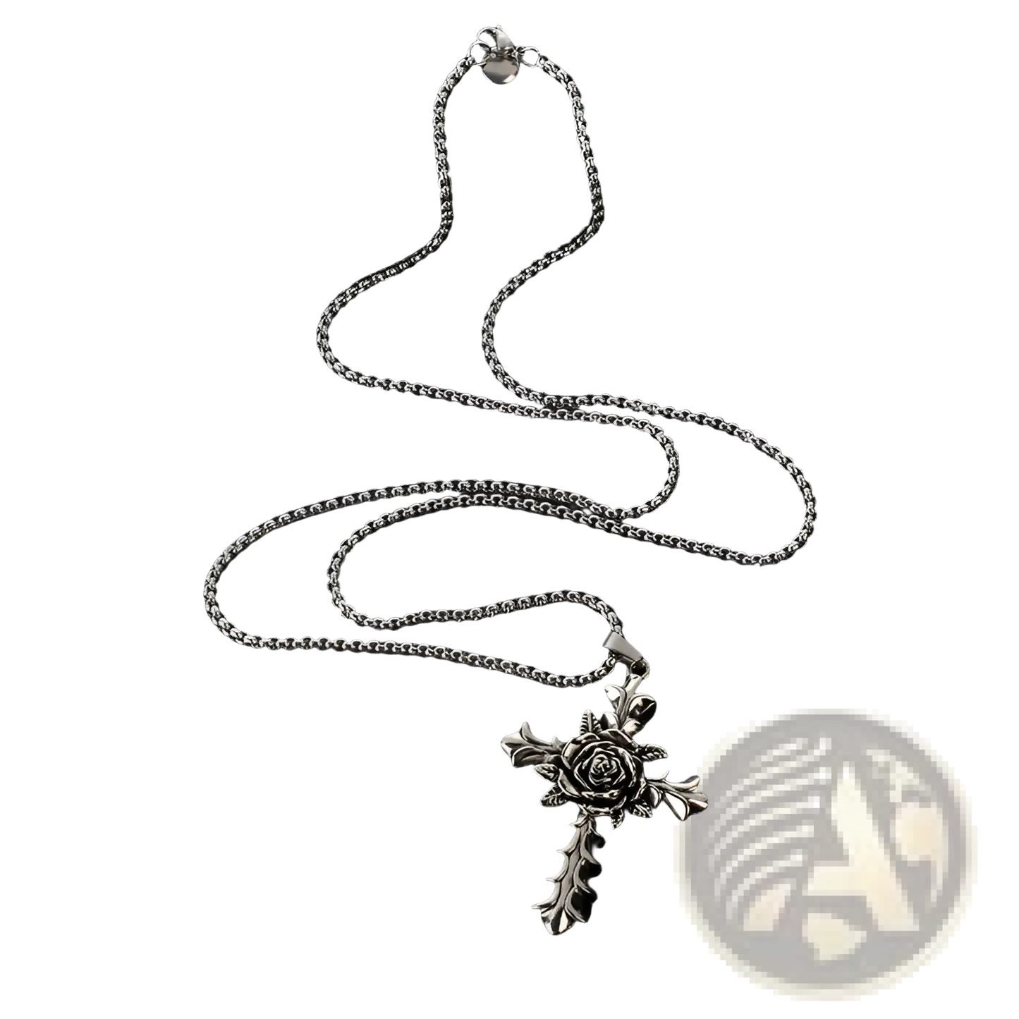 Detailed Silver Rose Cross Pendant Necklace