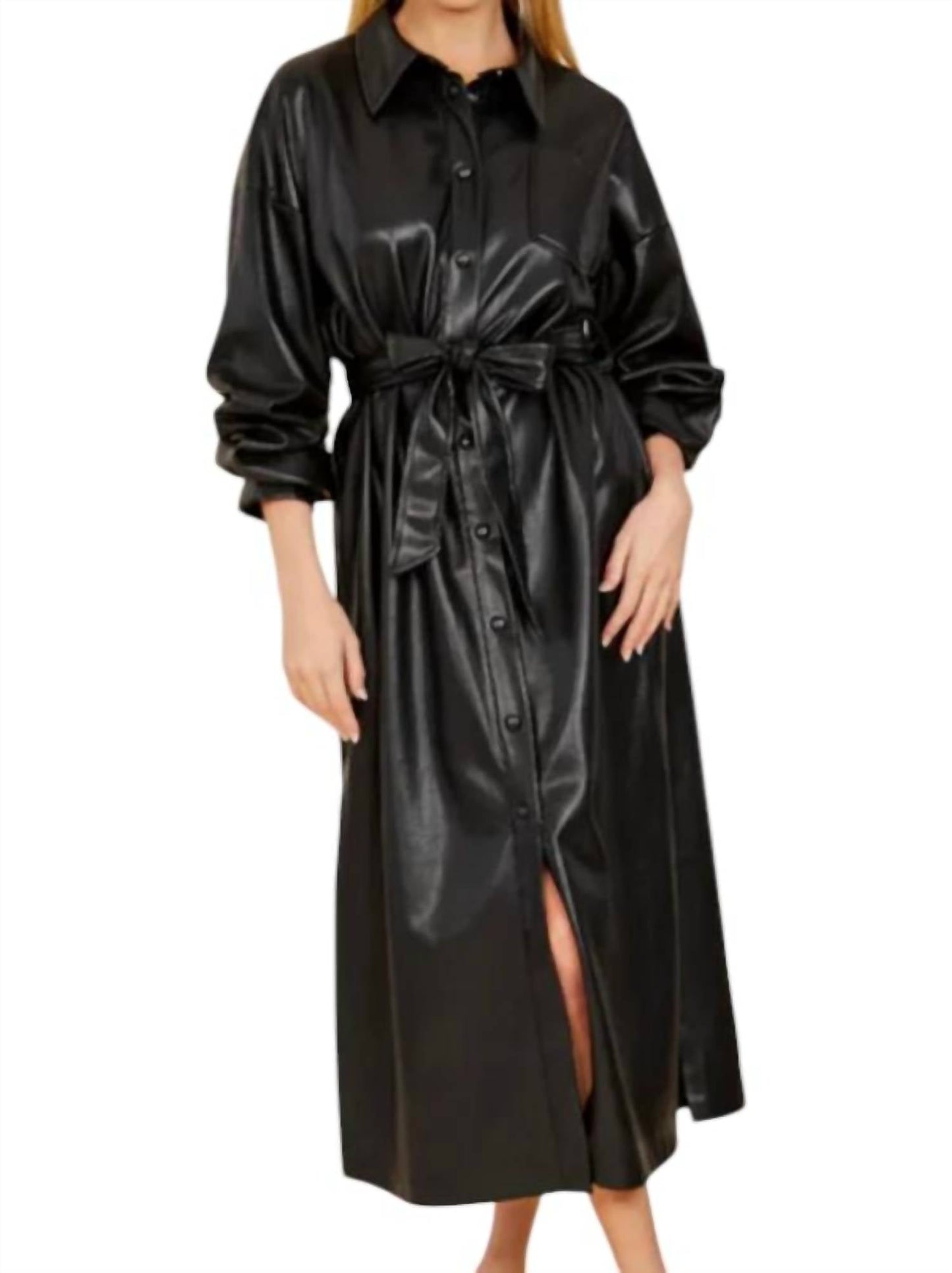 Dolce Cabo - Vegan Leather Ruched Sleeve Maxi Dress