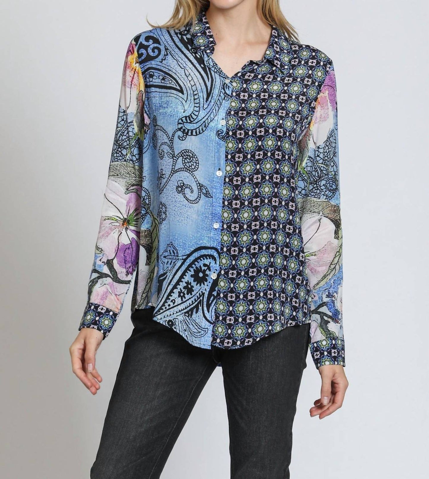 Apny - Mixed Print Button-up Blouse