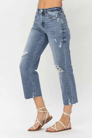 Judy Blue - Calça Jeans Crop Destroyed de Cintura Alta e Perna Larga