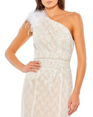 Mac Duggal - Vestido formal de renda com um ombro só e penas