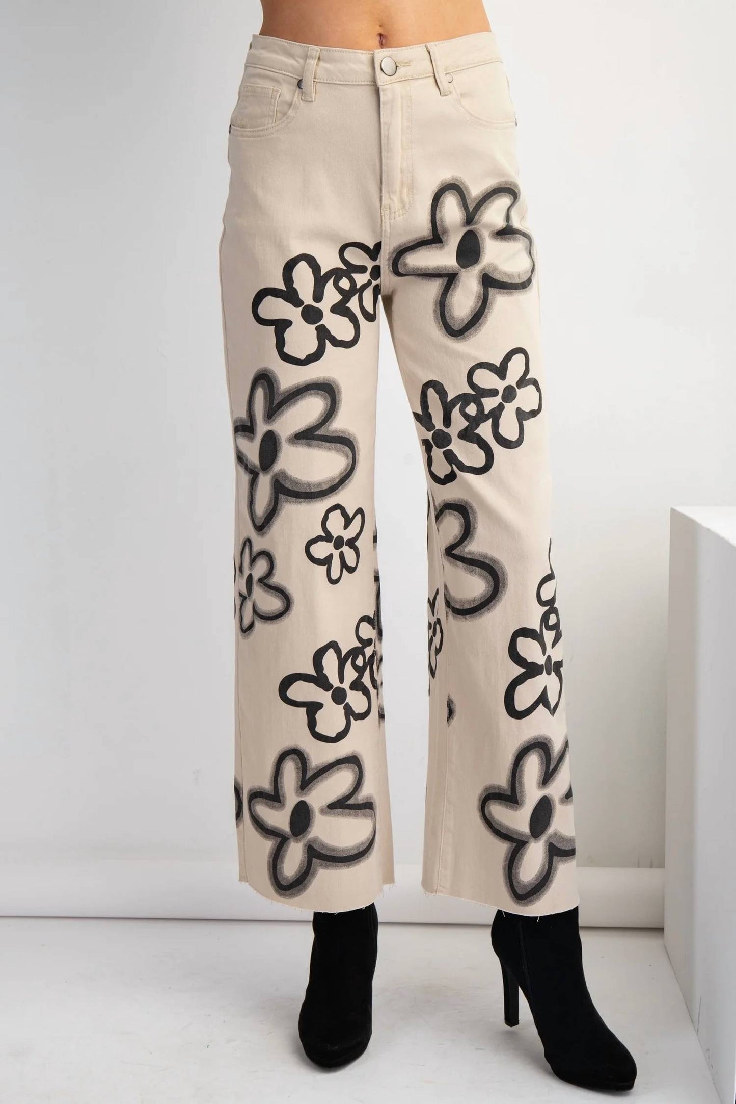 Easel - Flower Print Washed Wide Pants