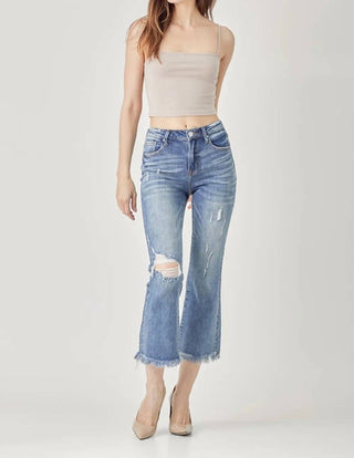 Risen - Calça jeans cropped bootcut desgastada de cintura alta