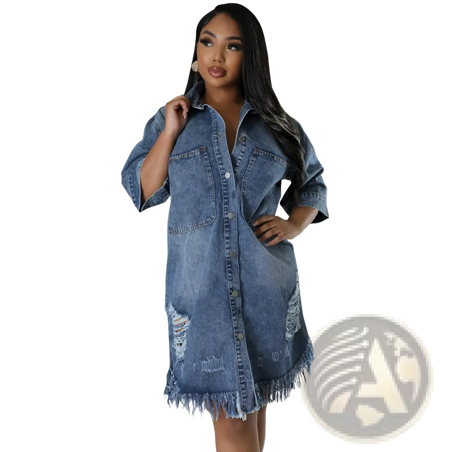Distressed Frayed Hem Denim Midi Shirt Dress